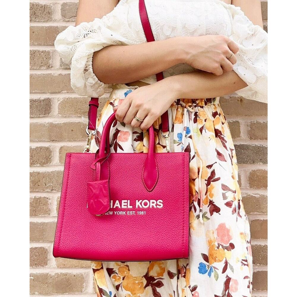 Michael Kors Mirella Small Shopper Tote Crossbody Leather Bag Electric Pink - Picture 3 of 6